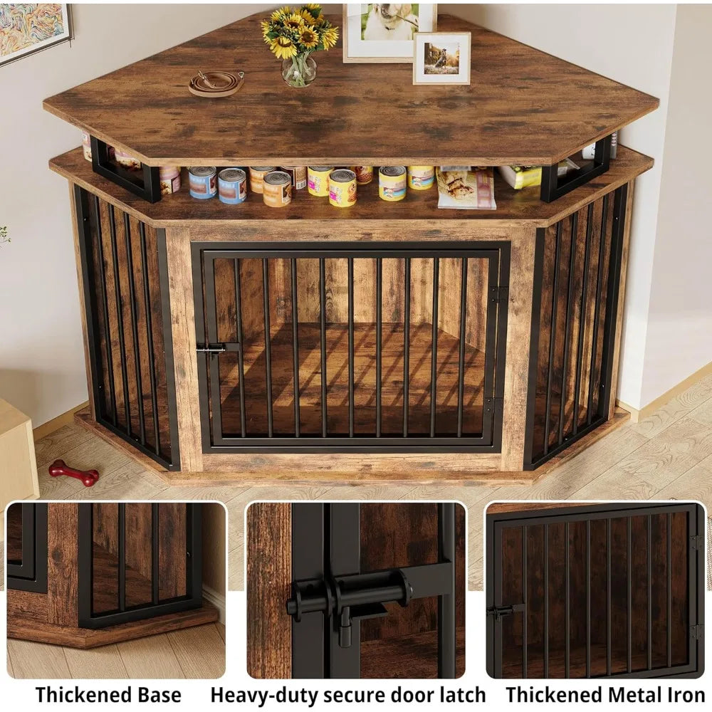 51" Wide Corner Wooden Dog Crate Furniture with 2-Tier Shelves, Pet Kennel for Large Dogs, Space-Saving Dog Cage for TV Stand,