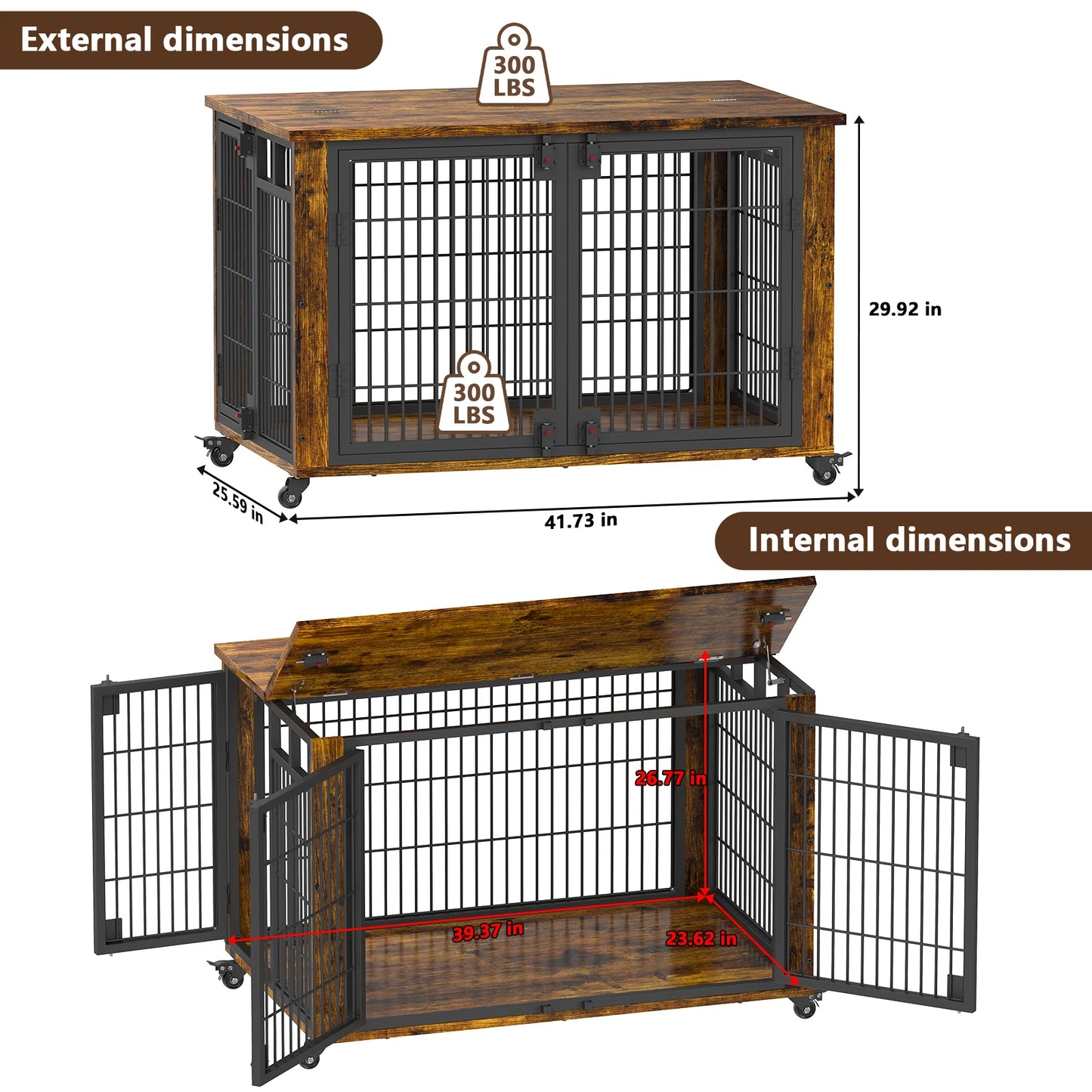 90% Pre-Assembled 41" Moveable XL Dog Crate, Large Dog Crate Furniture with Top-Access Teasing/Feeding Doors, Medium & Large Dogs