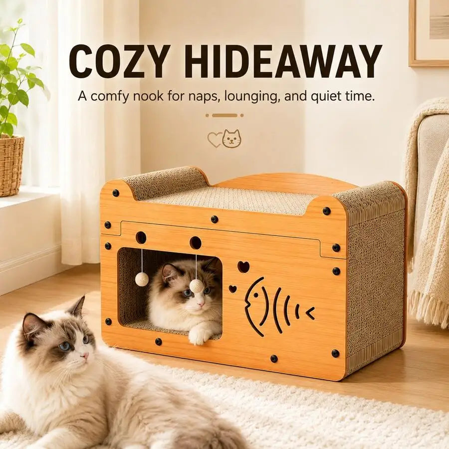 Cat Scratching House With Hanging Toy Balls, 56x30x30cm Corrugated Cardboard Lounge Bed