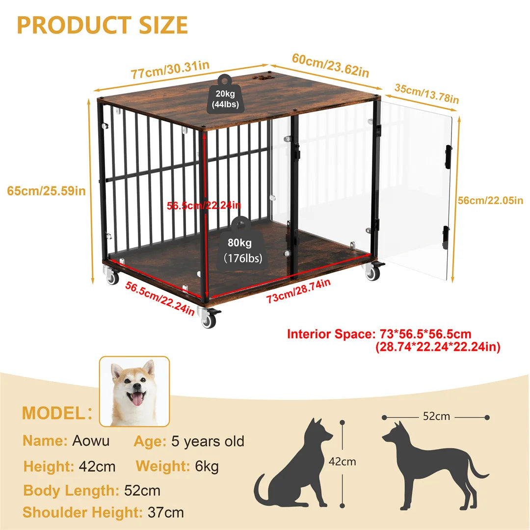 Indoor Dog Cage: Furniture-Style Tempered Glass Dog Pet Cage Dog Kennel End Table Crate with Smooth Rolling Wheels