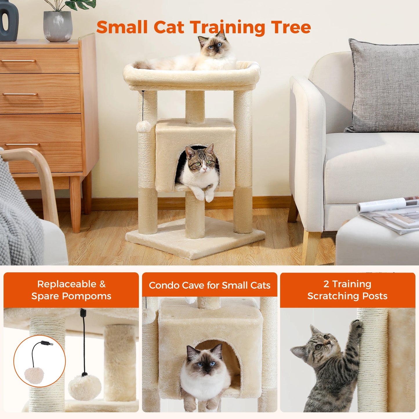 Small Cat Tree Tower with Natural Sisal Scratching Posts, Soft Top Perch, and Plush Pom-Pom Cozy Cat Condo Bed for Indoor Cat Toys
