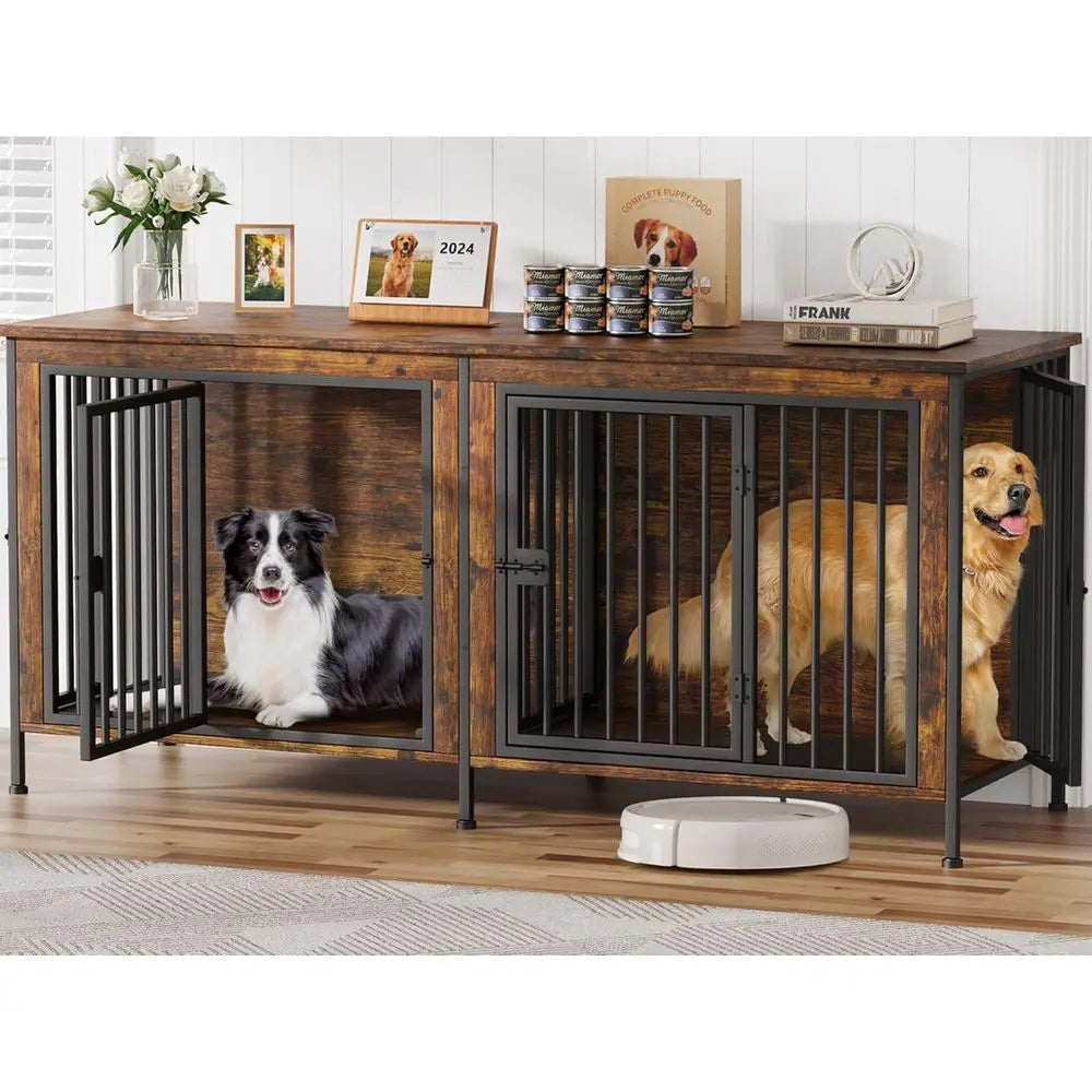 Sturdy Double Dog Crate Furniture, TV Stand Style, Suitable for 35-60 lb Dogs, Brown