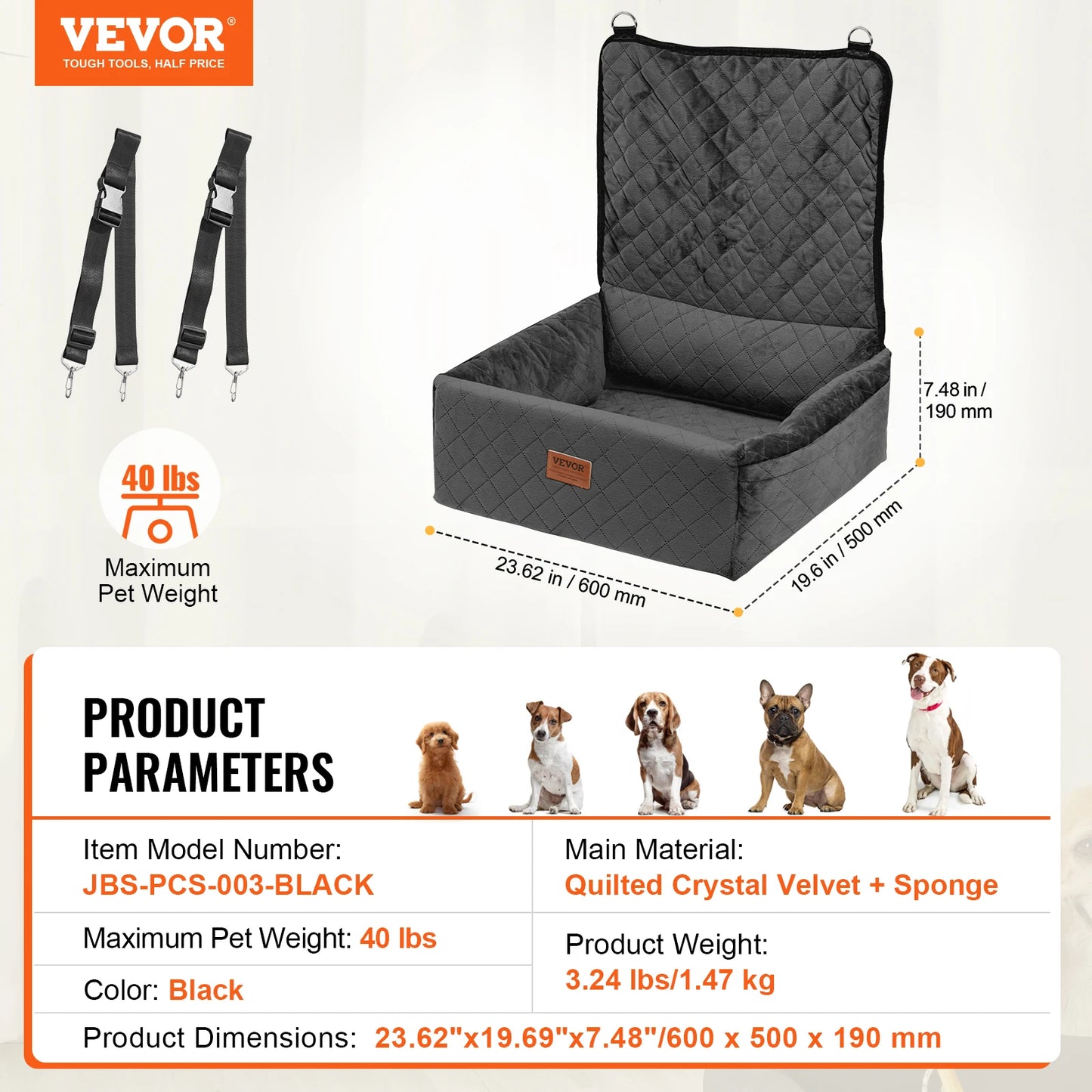 Dog Car Seat Waterproof Dog Booster Seat Pet Car Seat with Clip-On Safety Leash PP Cotton Car Bed for Medium Large Dog