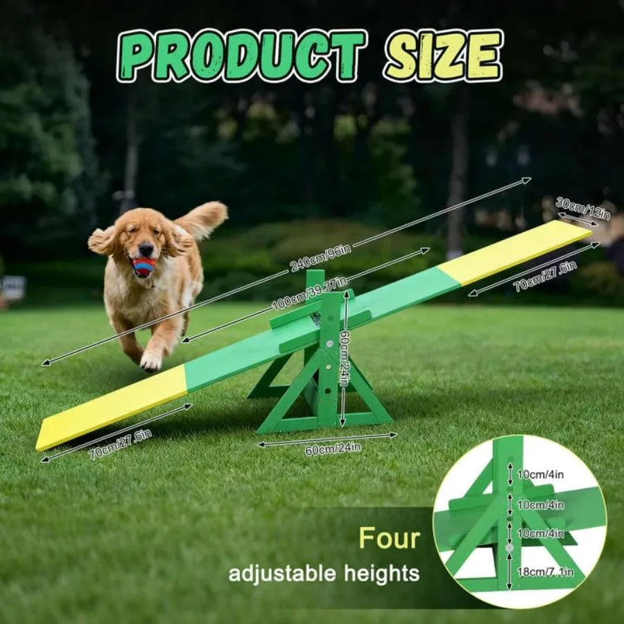 94.5 Adjustable Dog Agility Seesaw 4-Level Height Training Teeter for Small to Large Dogs Sturdy Wooden Dog Agility Equipment