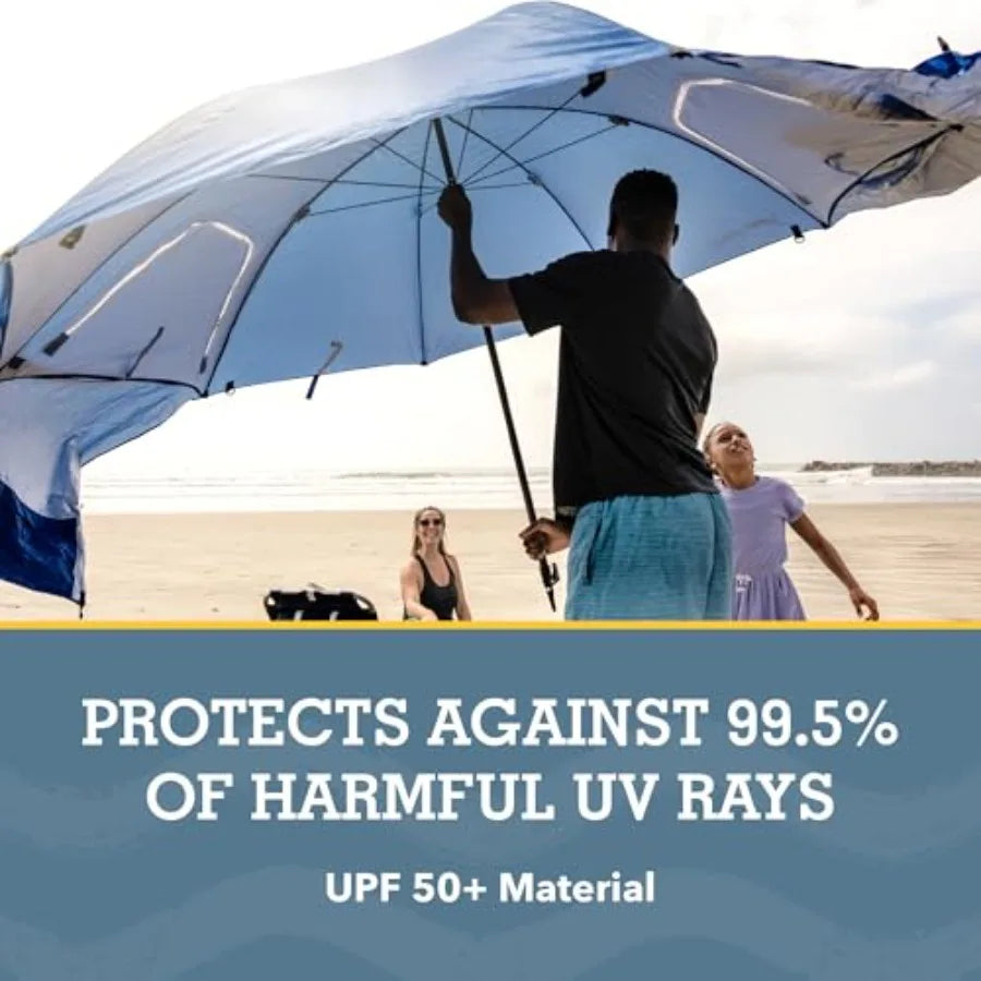 Beach Shelter Umbrella for Sun and Rain Protection, Polyester Fabric in Navy Blue, UPF 50+ UV Resistance, Wind Flaps