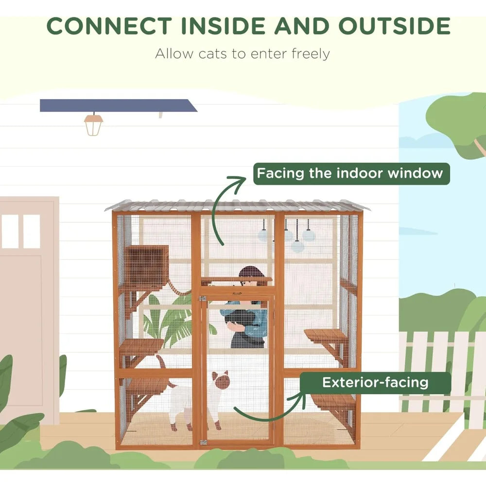 Catio Outdoor Cat Enclosure Window Box, Wooden Cat House Playground with Scratching Posts, Weather Protection Roof