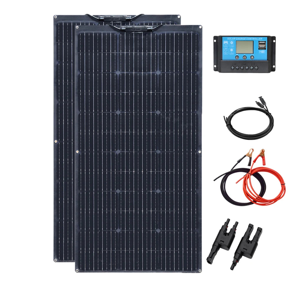 200W Solar Panels 100W Solar Panel 12V Solar Panel Kit 300W Flexible Solar Battery for RV Boat Cabin Tent Car Trailer Battery