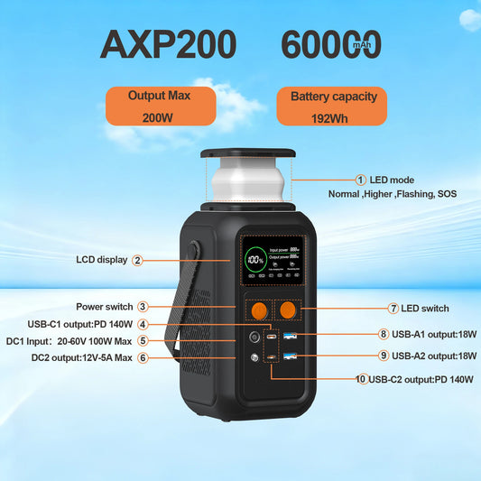 200W Power Station Camping 192Wh Lifepo4 Power Bank 60000mAh Portable Charger Battery Emergency Power USB TYPE-C Port