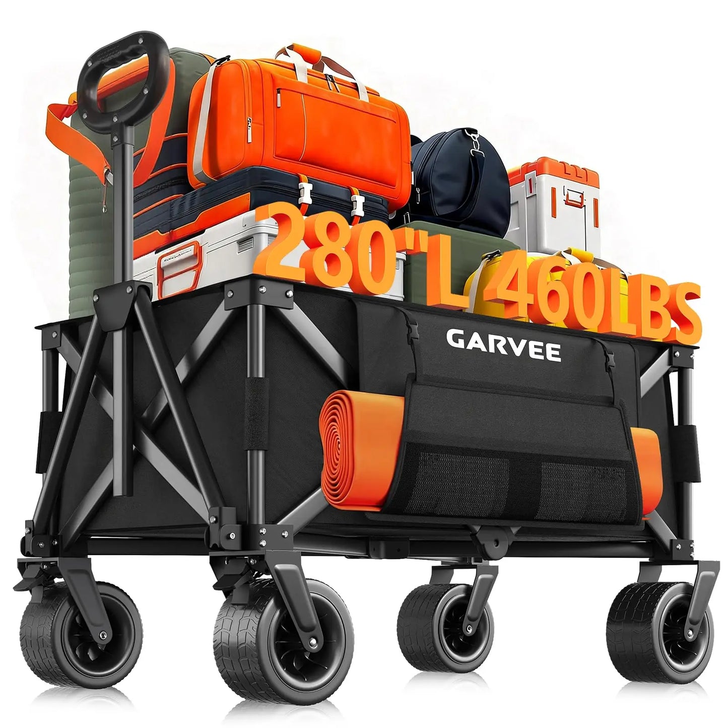 Heavy Duty Foldable Wagon Cart 460 lbs 280L With Wide All-Terrain Wheels, Brakes, Cover & Strap For Shopping Camping