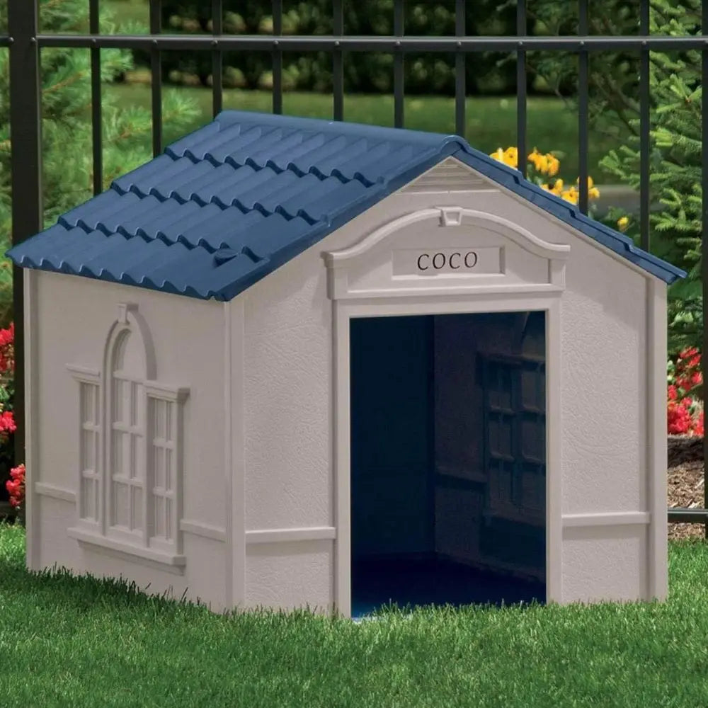 Luxury Dog House for Large Dogs with Removable Roof, Ventilation, Raised Floor, and Custom Labels, Taupe/Blue