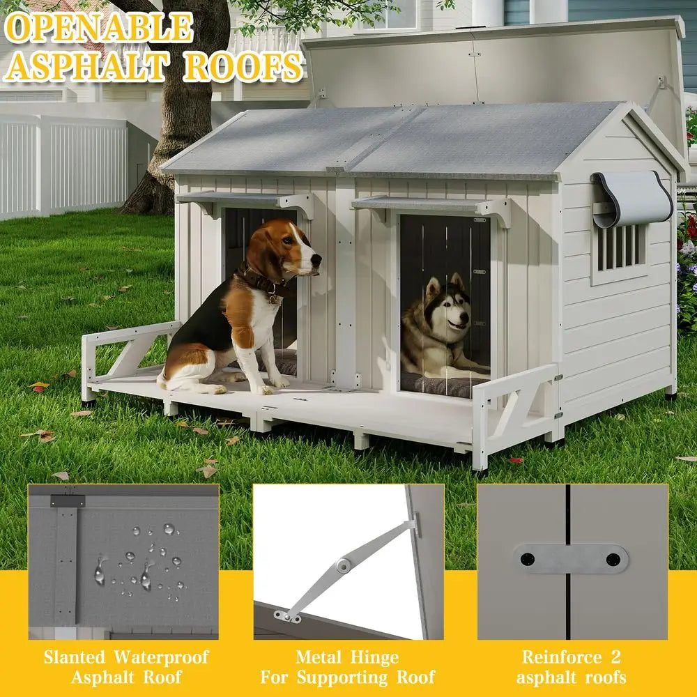 59.4 L Large Dog House Outdoor Amp Indoor, Fir Wood Dog Kennel with Weatherproof Openable Asphalt Roof, Spacious Doghouse with Another Room