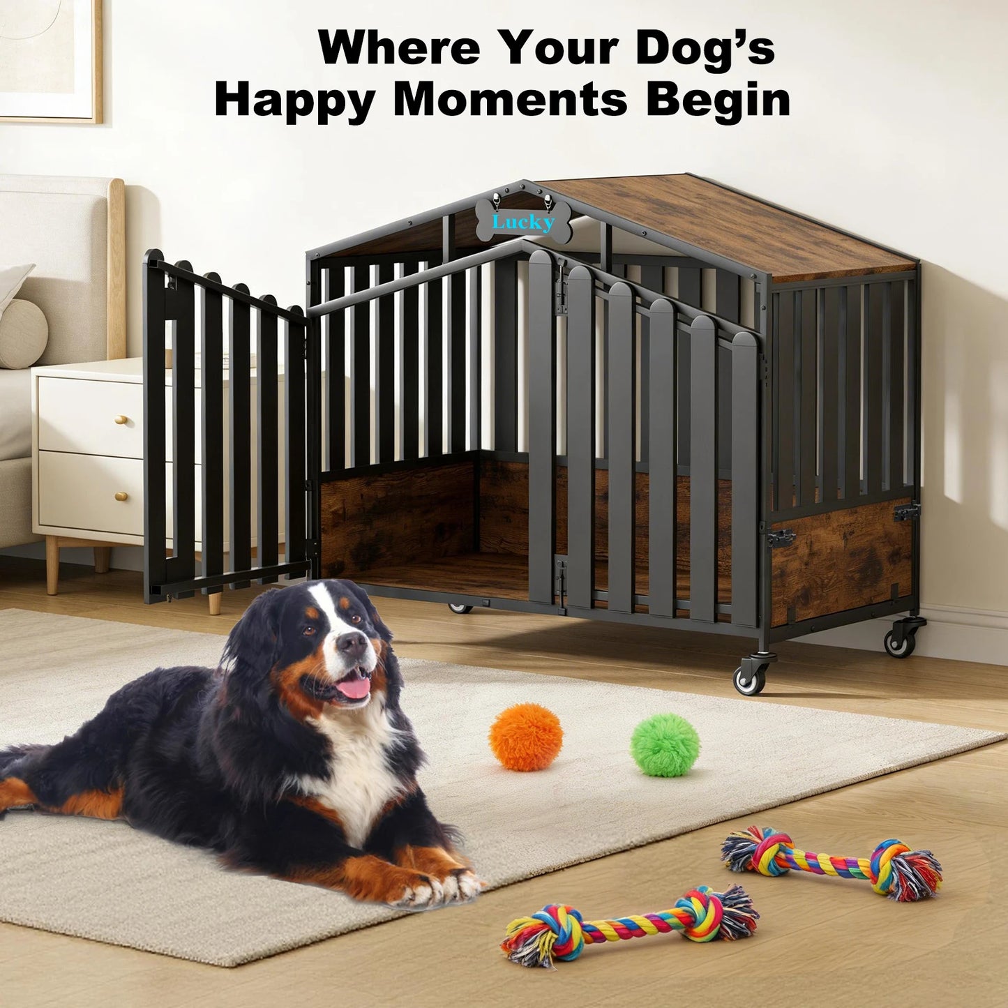 31"/41"/48“ XL Heavy Duty Dog Crate Furniture with Wheels, Dog Crates for Large Dogs Extra-Wide Thick Steel Plates for Chew Resistance