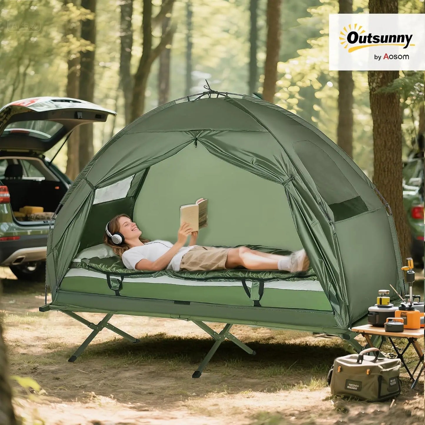 6-in-1 Folding Camping Cot Tent with Air Mattress, Sleeping Bag, Pillow, Bed Cover & Carry Bag for Outdoor Hiking, Backpacking, Picnic