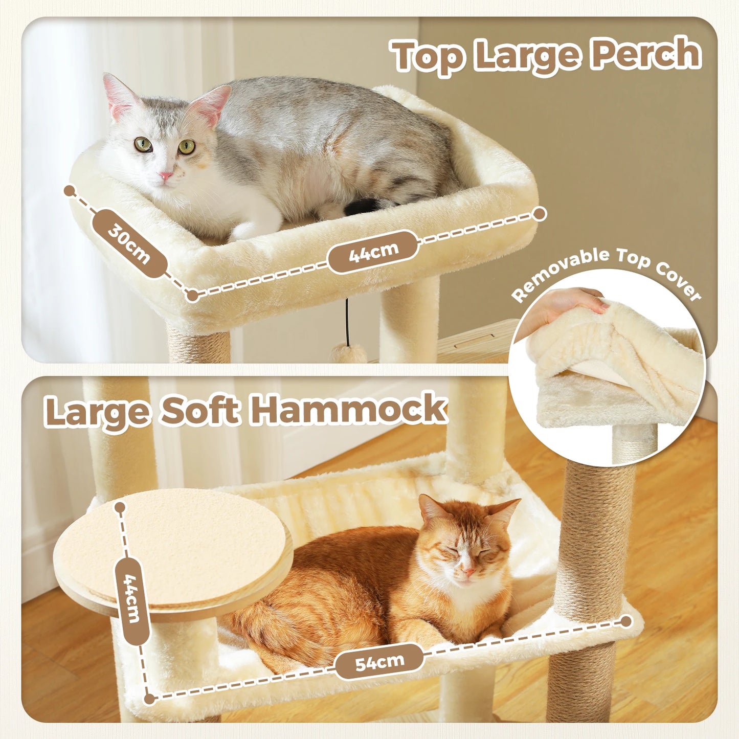 Wood Cat Tree with Sisal Scratching Posts Large Hammock Cozy Condo Bed Multi-Level Cat Tower for Indoor Cats Furniture Cat Toys