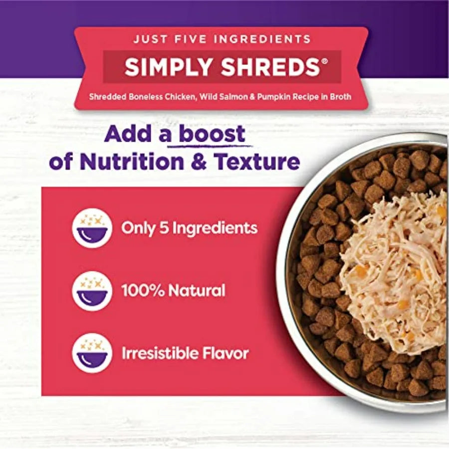 Bowl Boosters Simply Shreds Wet Dog Food Topper for Small, Medium, and Large Breeds, Grain Free, Natural, Recipes, Pack of 12