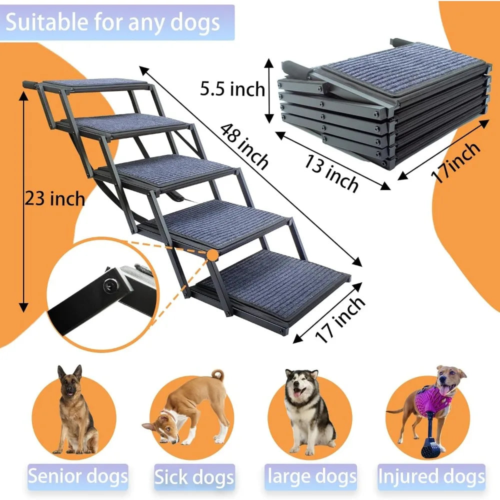 Dog Ramp for Car Truck, and SUV Dog Stairs for Large Dogs Folding Pet Stairs With Non-Slip Rug Surface Supports Up to 250 lbs
