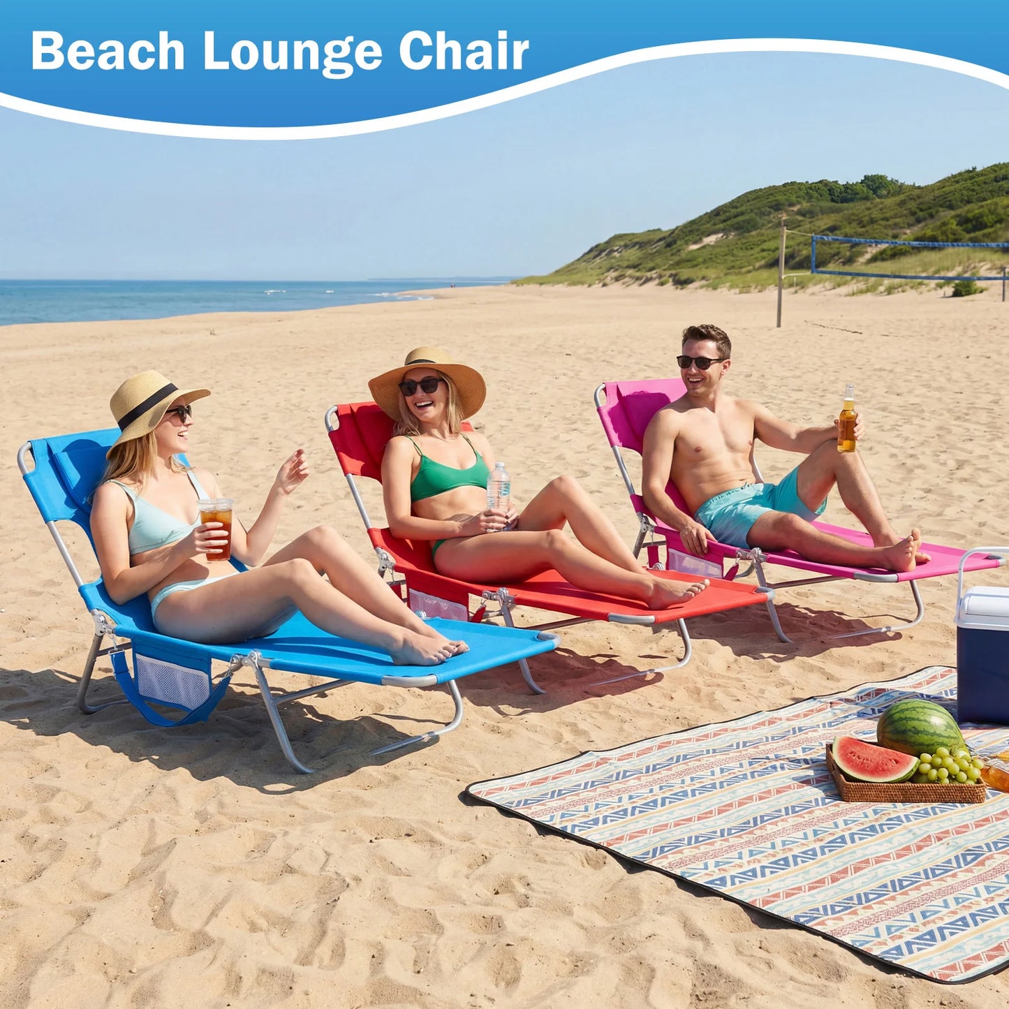 5-Position Adjustable Recline Beach Lounge Chair Portable Folding Sun Chairs with Face Arm Holes Max Load 225 LBS for Patio
