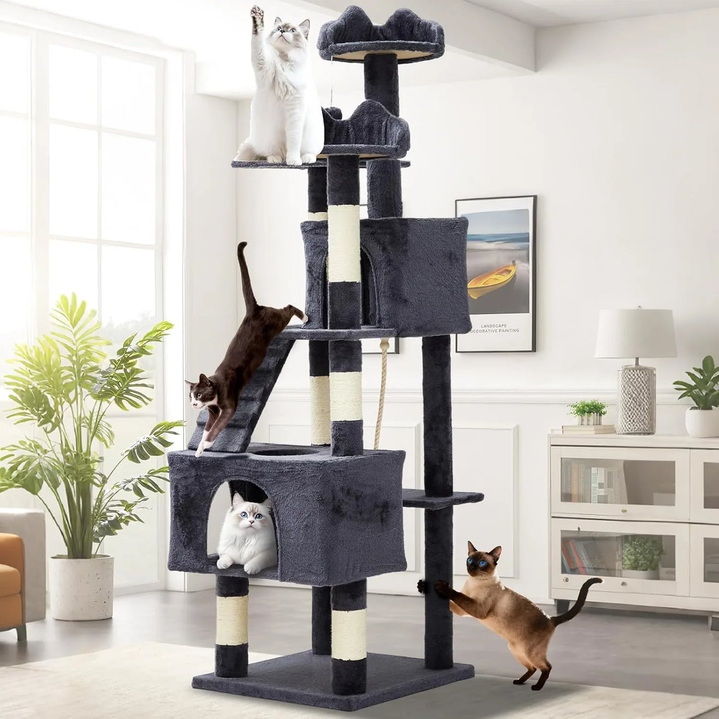 72" Cat Tree for Large Cats, Multi-Level Cat Tower with 6 Sisal Scratching Posts, 2 Condos, 3 Perches, Hammock & Dangling Toys, Sturdy Particle Board with Anti-Tip Kit, Dark Grey