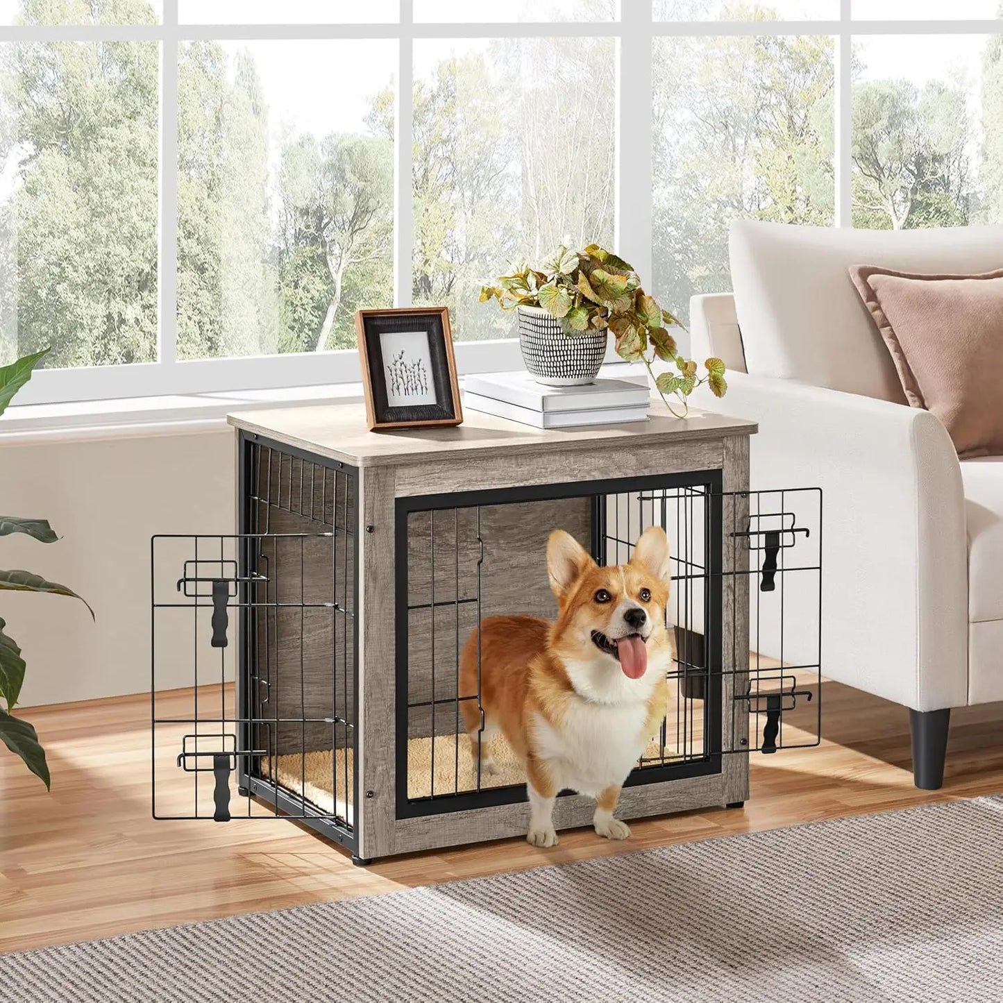 Wooden Dog Crate Furniture with Cushion, Double Doors, Side Table for Small/Medium Dogs, Greige