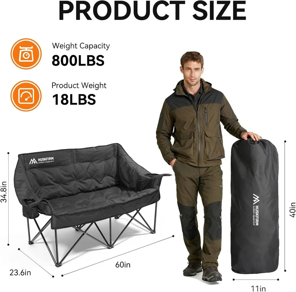 Double Camping Chair Heavy Duty 2 Person Padded with Cup Holders Support 800LBS Black