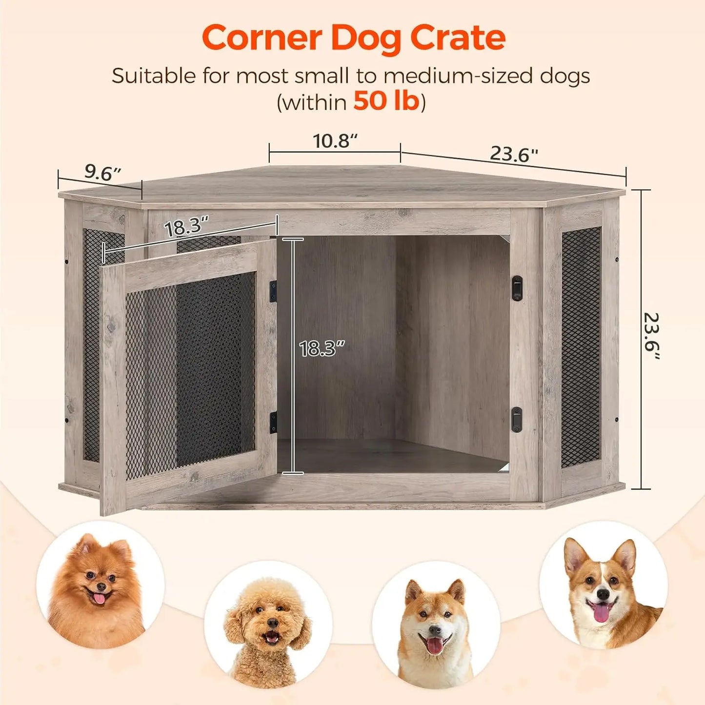 Corner Dog Crate Furniture, Wooden Kennel End Table, Decorative Pet Crate for Small Medium Dogs, TV Stand, Greige and Black