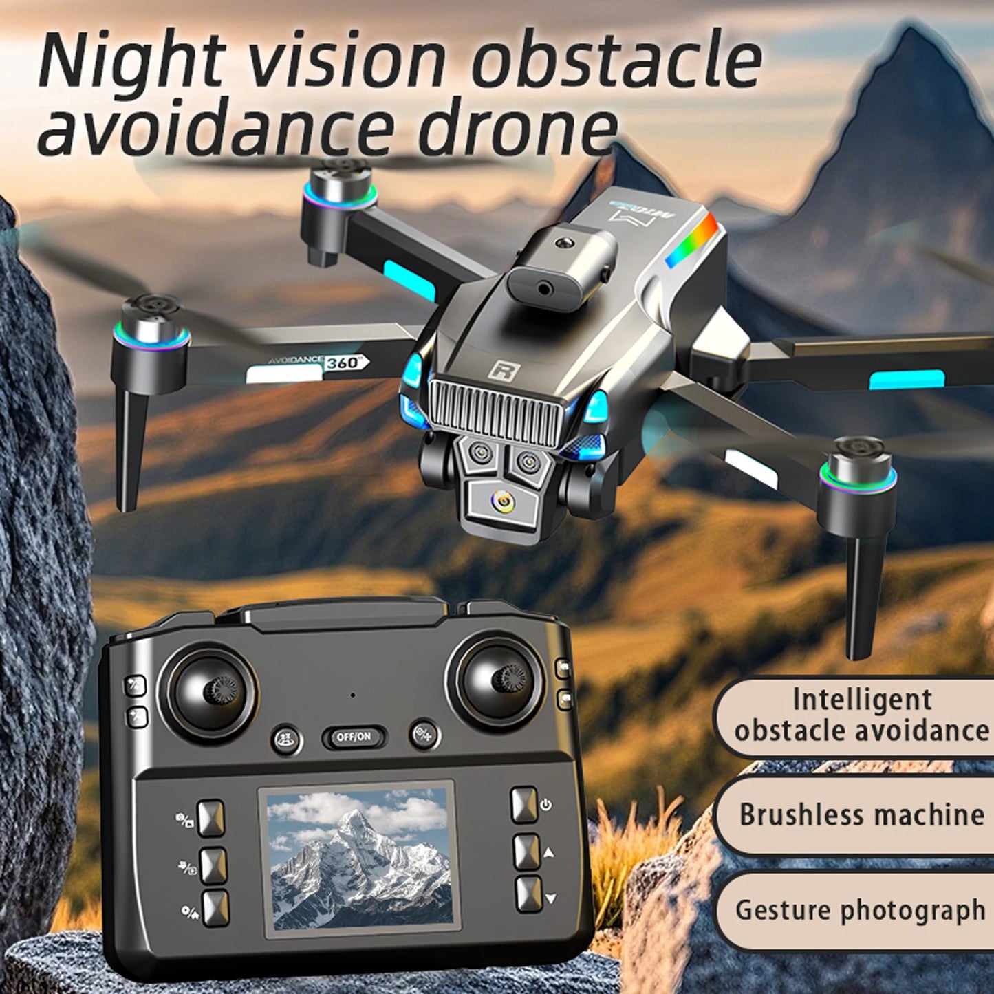 Head 3-Color Light M107 Drone, Hover 7-Color LED Gradient, One Click Takeoff and Landing, Headless Mode, One Click Roll, Take Photos and Videos, High-Definition Camera, Optical Flow Hover, Electrically Adjustable Camera