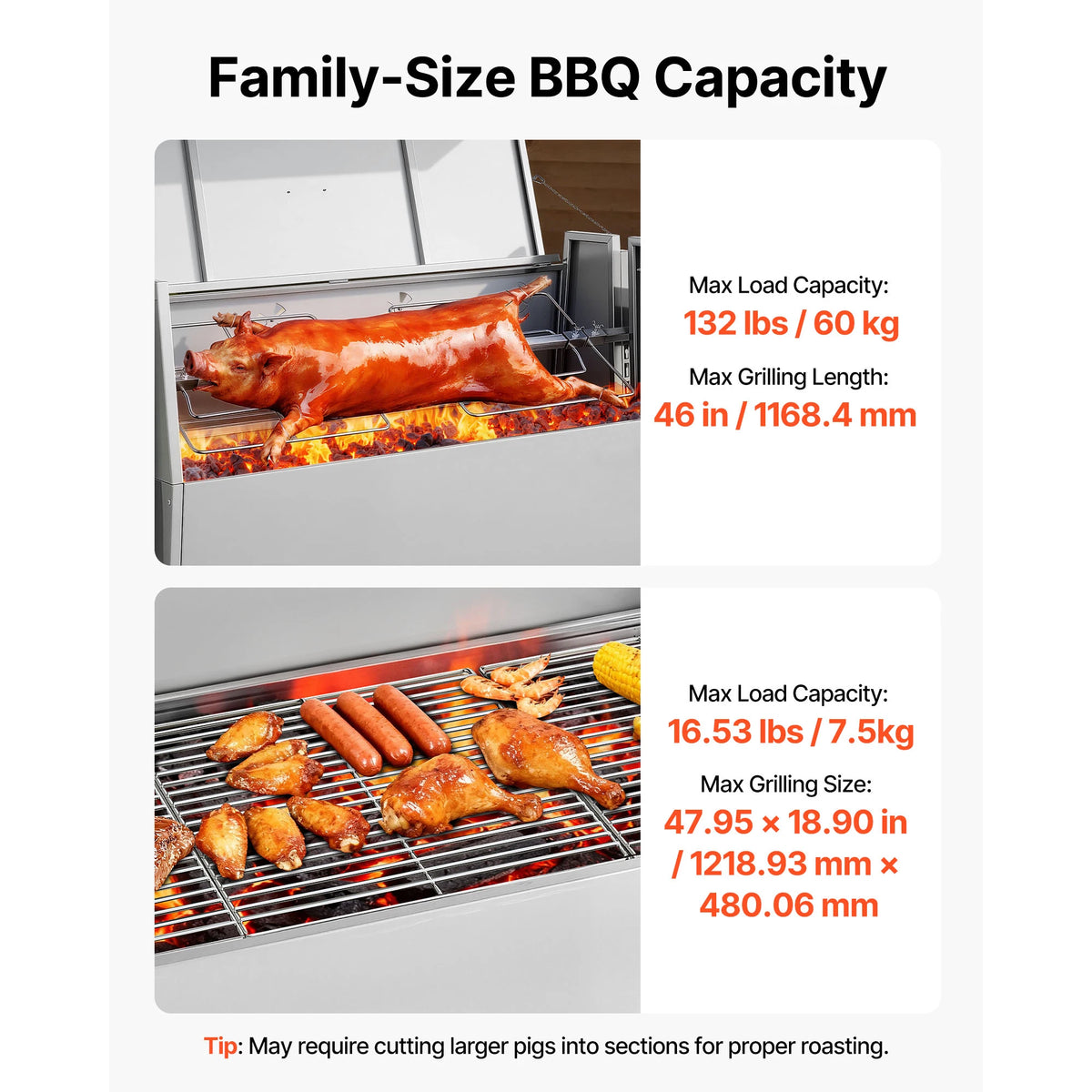 46/52inch Rotisserie Grill Stainless Steel Rotisserie Grill Kit BBQ Outdoor Pig & Lamb Spit Roaster Charcoal Spit Roast