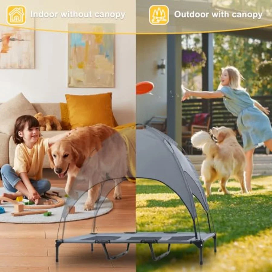 Elevated Dog Bed with Canopy 48-inch Waterproof Pet Cot Portable Outdoor Pet Bed with Carry Bag Indoor/Outdoor Cooling Canopy