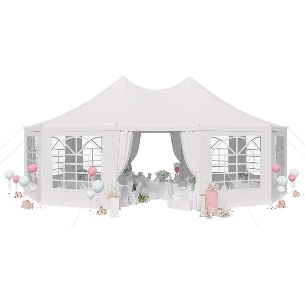 26' x 19' Party Tent, White Wedding Tent, Decagonal Heavy Duty Canopy with 8 Removable Sidewalls, 8 Church Windows, and 2 Pull-Back Doors
