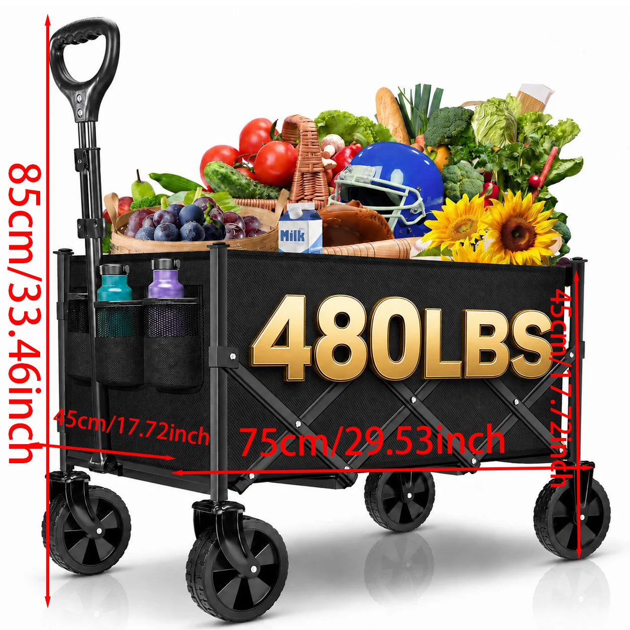 Collapsible Folding Wagon Cart, 480 lbs Heavy Duty Utility Wagon with Large Wheels, Adjustable Pull Handle and Side Cup Holders, Portable Garden Cart for Shopping, Camping, Sports Gear and Outdoor Use