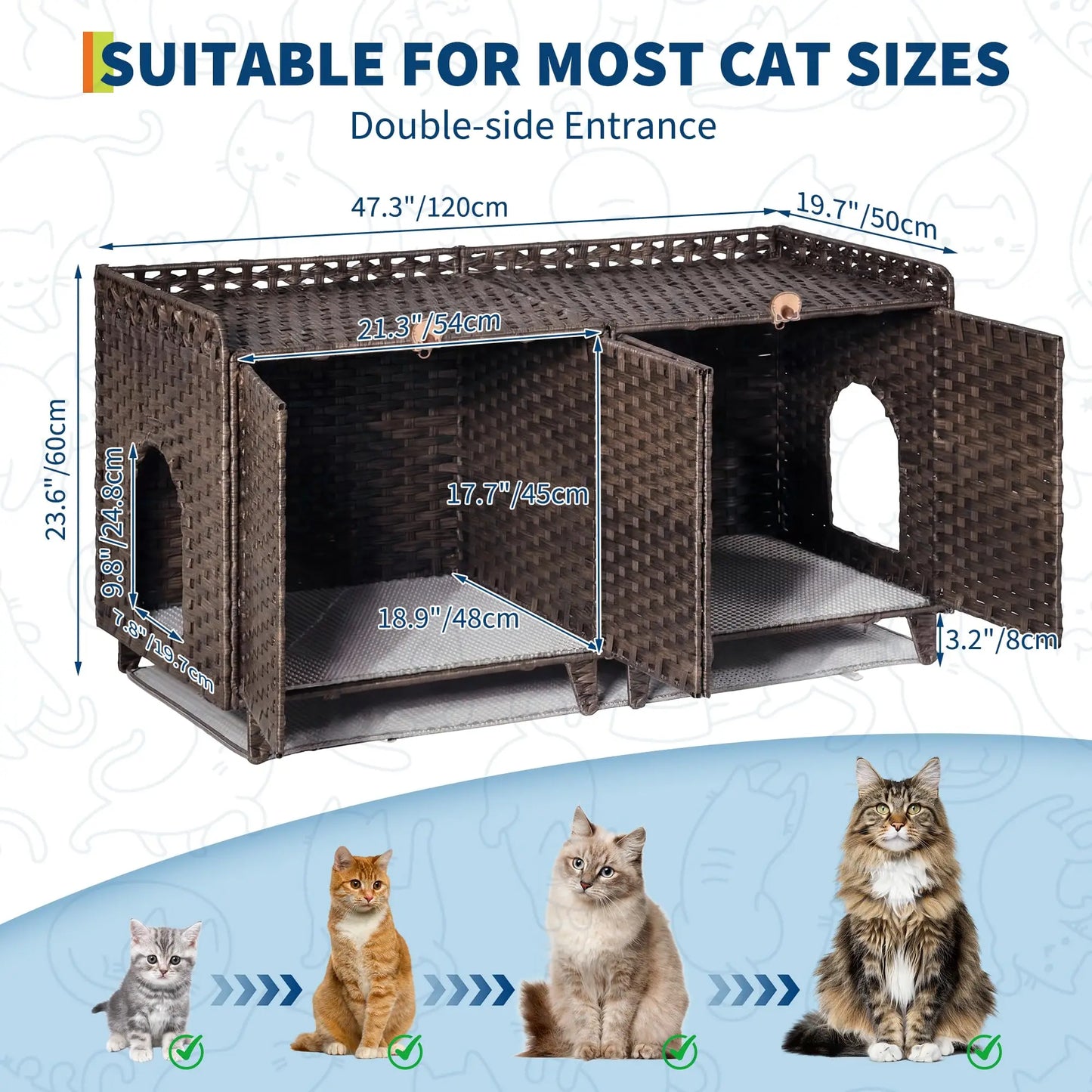 Large Rattan Litter Box Enclosure For 2 Cats, Hidden Cat Furniture With 2 Doors, Litter Mat & Hooks, 47.2" Cat House