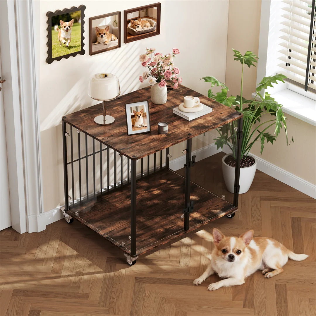 Anti-Bite Pet Kennel Furniture with Side Table,Tempered Glass Dog Cage Iron Pet Crate with Wheels for Indoor Use