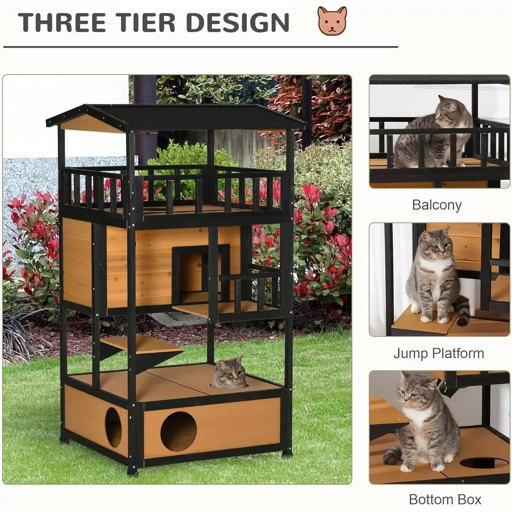 Wooden Outdoor Cat House, Feral Cat Shelter Kitten Condo with Asphalt Roof, Ese Do, Condo, Jumping Platform, Yellow