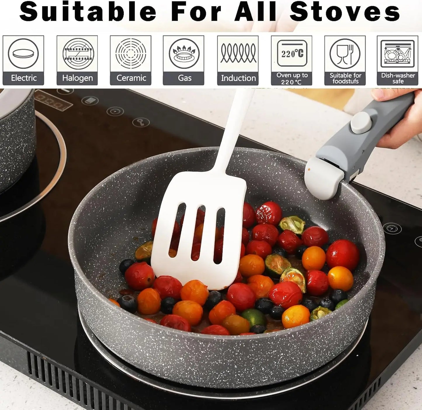 Gray Non Stick Pot and Pan Set with Removable Handle, Ceramic Cookware Set Detachable Handle, 5pcs Induction Kitchen Camping Station