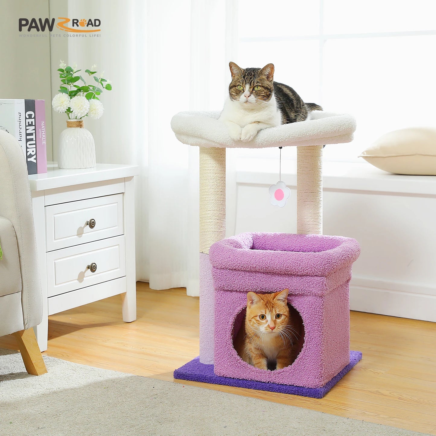 Cat Tree Cat Tower with Cozy Condo, Wide Top Perch, Natural Sisal Posts, Soft Plush, Playful Pom-Pom Suitable for 1-2 Indoor Cats