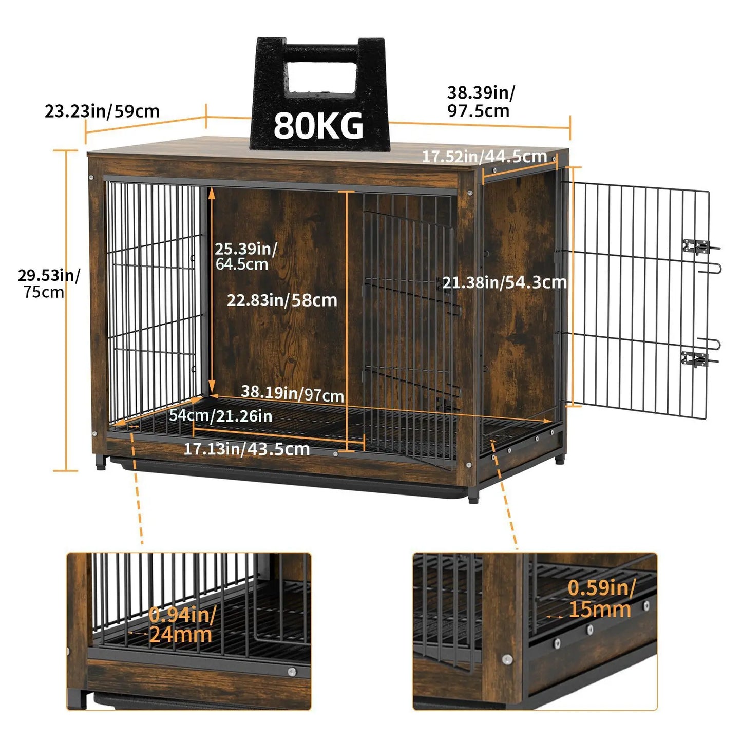 Large Elevated Dog Crate Wooden Dog Kennel Cage Pet House End Table with Double Door and Removable Tray Rustic Furniture Indoor
