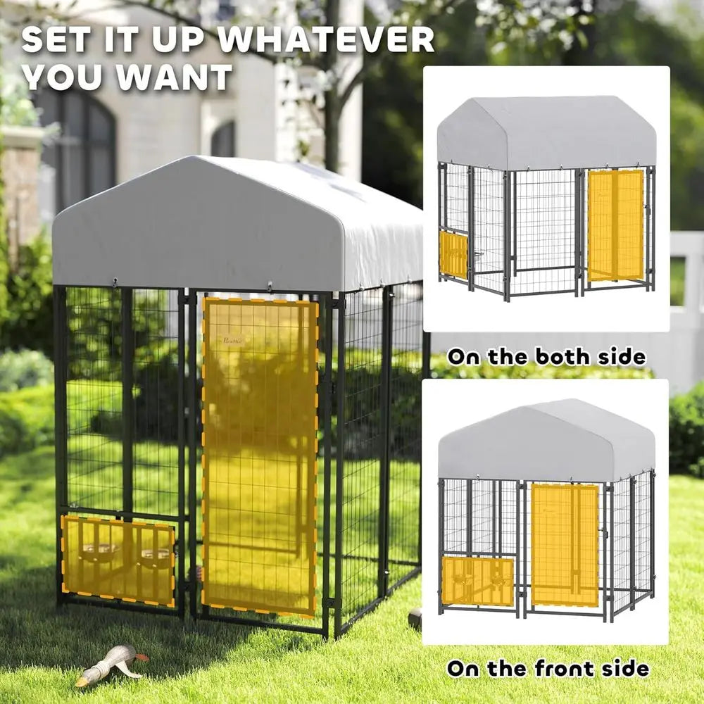 4ft Outdoor Dog Kennel with Rotating Bowls, Adjustable Levels, Weather-Resistant Cover for Medium Breeds, Pets, and Poultry