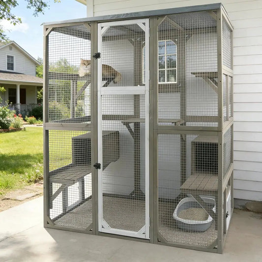Catio Outdoor Cat Enclosure Large Window Cat House Walk-In Kitty Cage with Multi-Level Platforms, Waterproof Roof For Multiple Cats