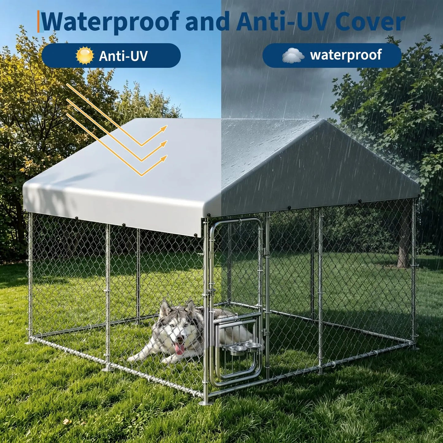 Heavy Duty 7.5 FT x 7.5 FT x 6.6 FT Outdoor Dog Kennel With Roof Cover, Lockable Feeding Door Dog Run For Large Dogs