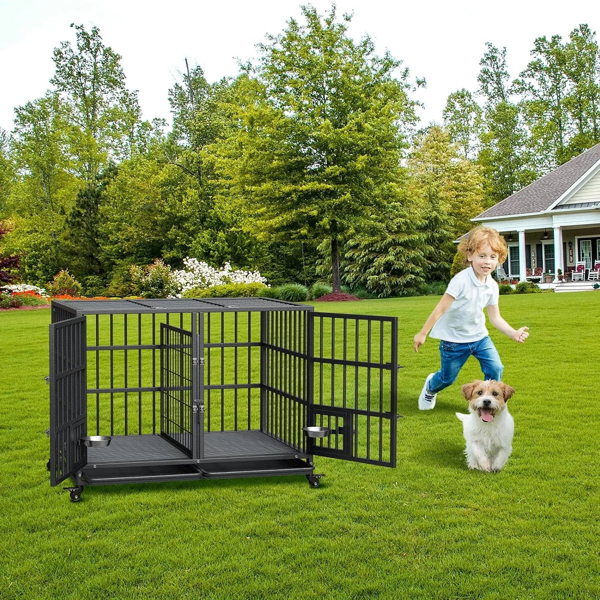 42 Inch Heavy-Duty Dog Crate Metal Dog Cage with Double Door Lockable Wheels Removable Divider Trays Feeding Doors for Small, Medium, Large Dogs Indoor