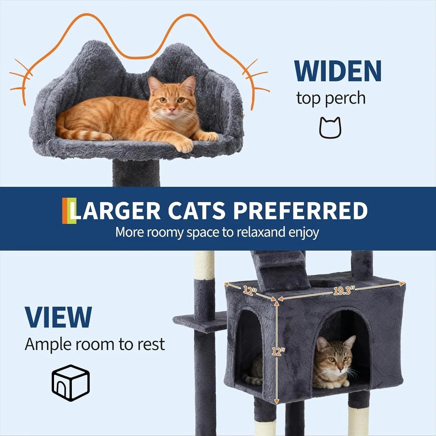 72" Cat Tree for Large Cats, Multi-Level Cat Tower with 6 Sisal Scratching Posts, 2 Condos, 3 Perches, Hammock & Dangling Toys, Sturdy Particle Board with Anti-Tip Kit, Dark Grey