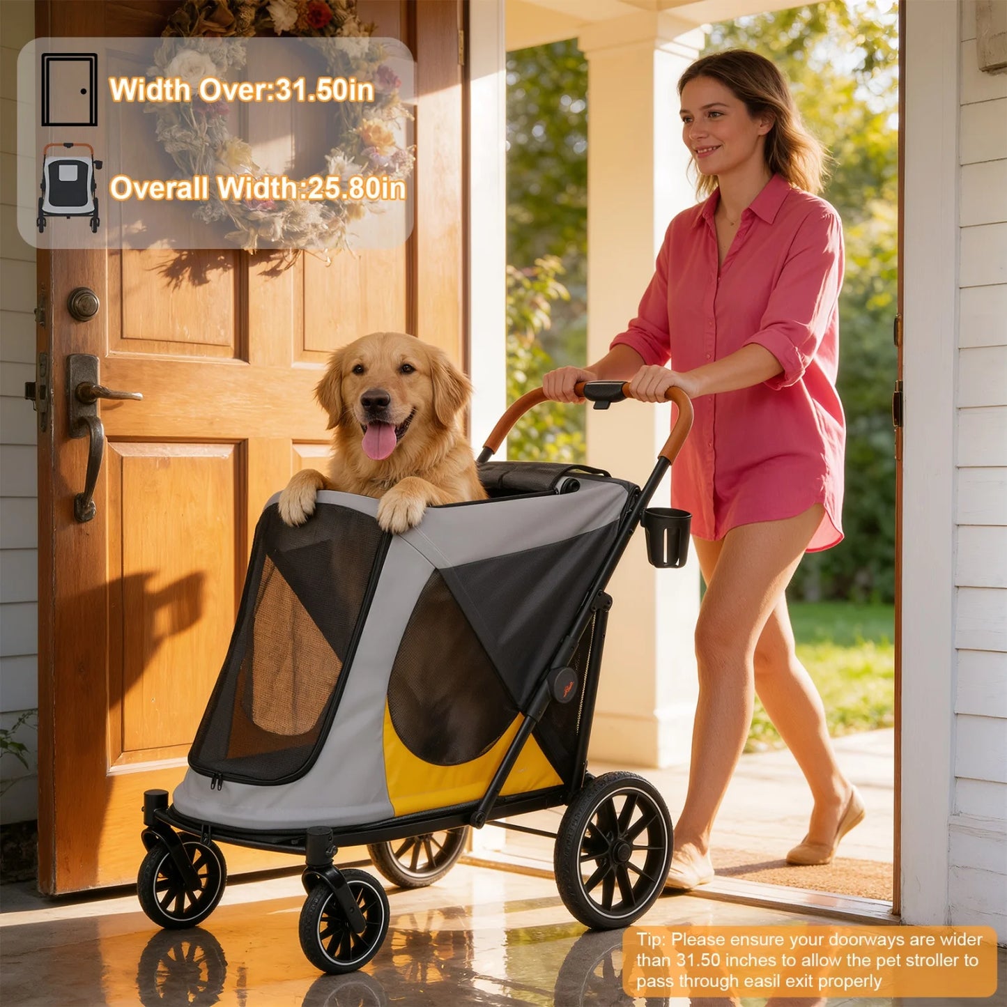 4 Wheels Dog Stroller for Large Dogs Up to 42kg One-Click Folding Pet Carrier Stroller Jogger Cart With Storage Pockets