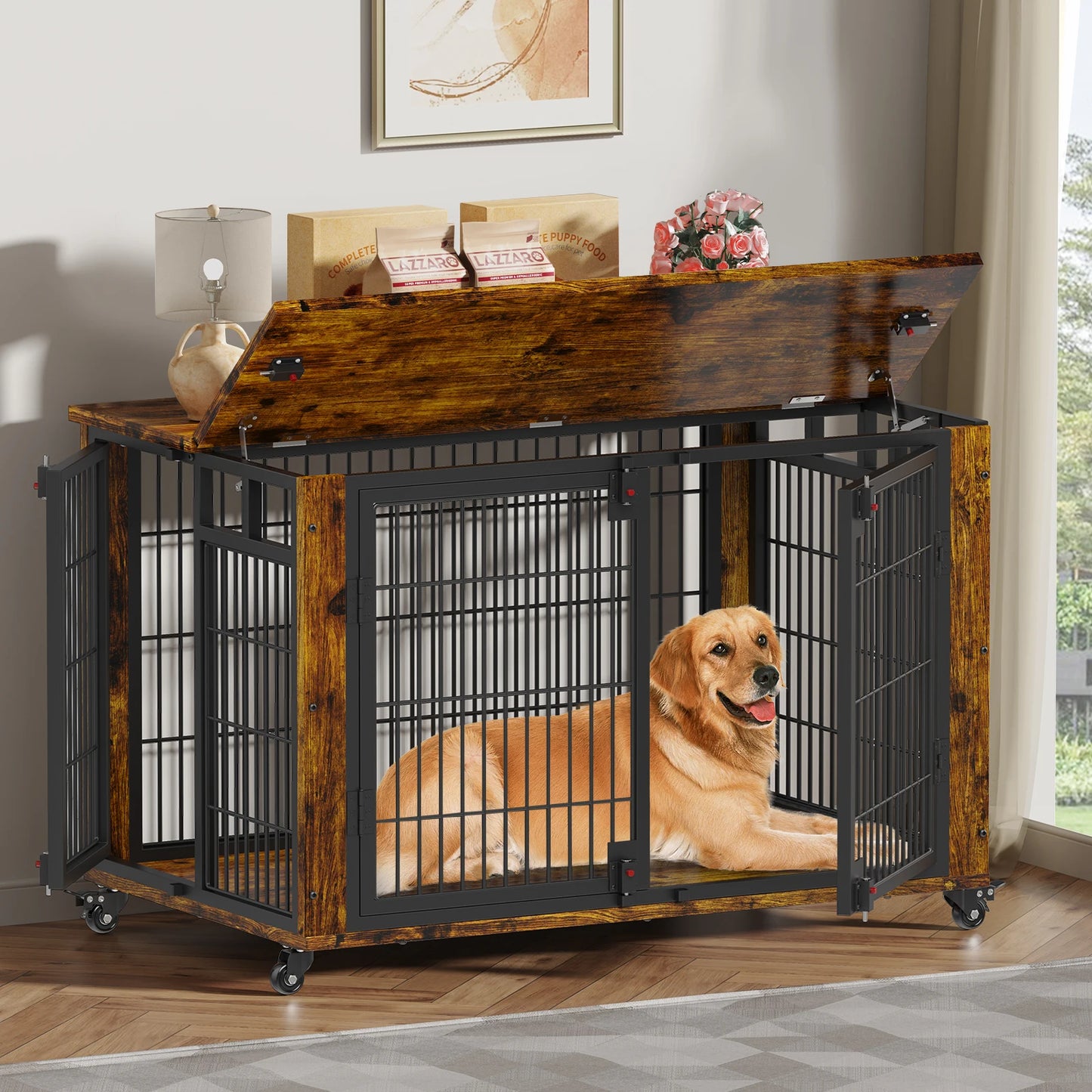 90% Pre-Assembled 41" Moveable XL Dog Crate, Large Dog Crate Furniture with Top-Access Teasing/Feeding Doors, Medium & Large Dogs
