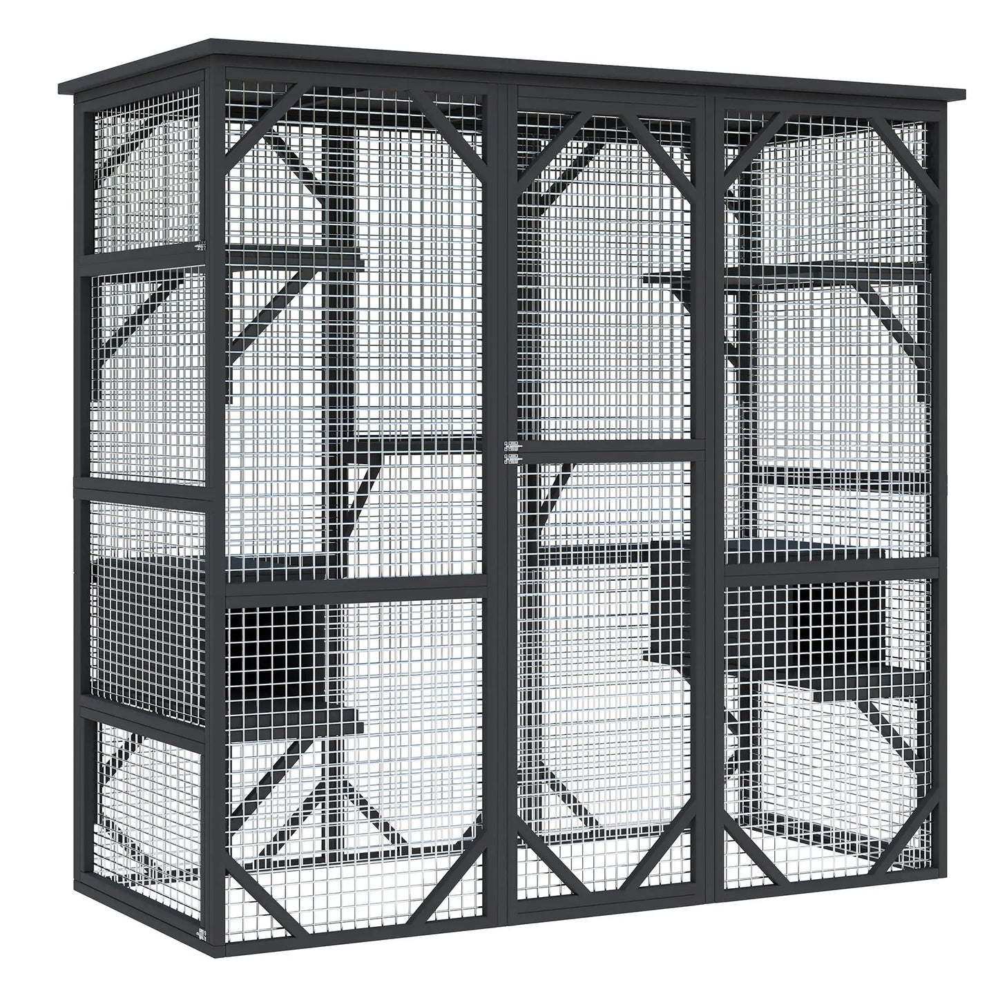 Extra Large Walk-in Catio Outdoor Enclosure Weather-Resistant Cedar Multi-Level House With Window & Locking Doors For Cats