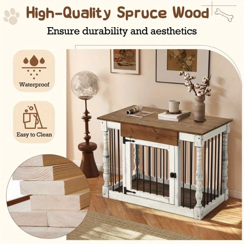 39" Wood Dog Crate End Table for Small & Medium Dogs, Elegant Indoor Kennel Furniture with Roman Column Design, White