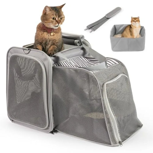 Expandable Cat Carrier with Portable Litter Box Soft-Sided Pet Travel Carrier for Large Cats up to 20 lbs Foldable Car Seat Cra