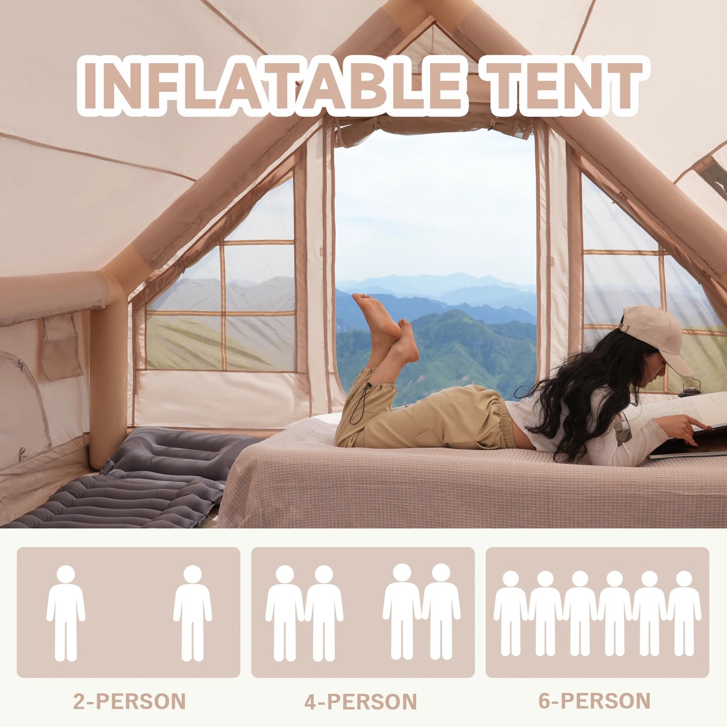 Inflatable Tent With Skylight, Quick Setup Blow Up Tents With Pump, 4-6 Person Outdoor Family Luxury Tent