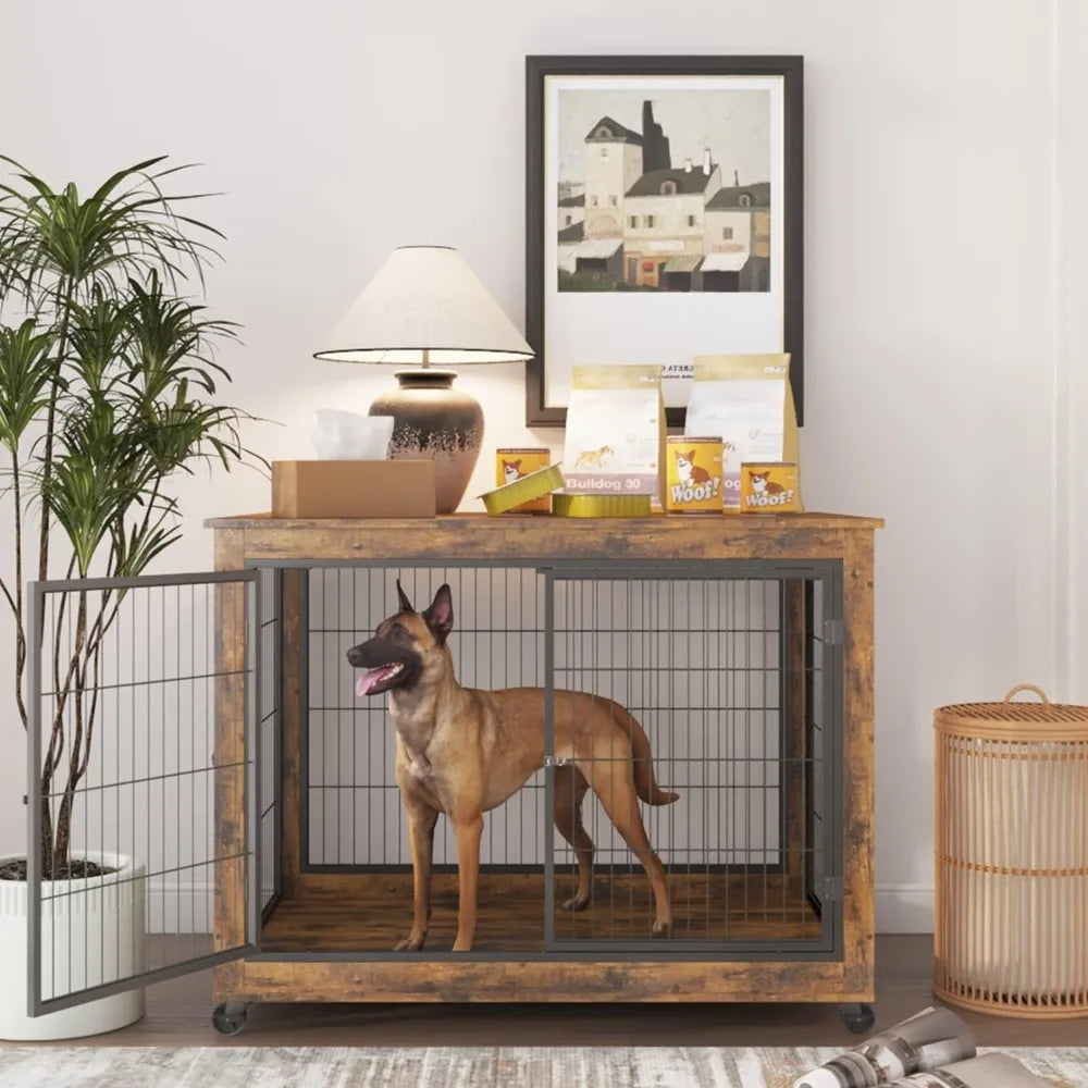 Wooden Dog Crate Furniture with 43.7" Kennel, 3-Door Access, Flip-Up Top, and Wheels for Decorative Pet Housing