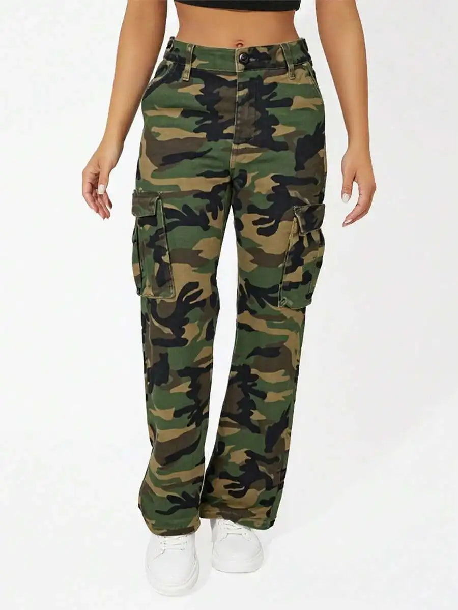 Women Camo Cargo Jeans Stretch Straight Leg Utility Denim Pants Multi Pockets Streetwear