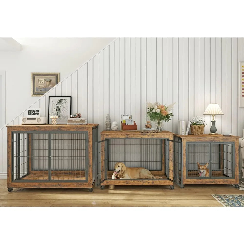Wooden Dog Crate Furniture with 43.7" Kennel, 3-Door Access, Flip-Up Top, and Wheels for Decorative Pet Housing